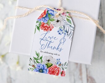 Red, White, and Blue Floral Gift Tag - Printable & Corjl Editable / Watercolor Flowers / Hang Tag  / Wedding, Bridal, 4th July Favor Bag Tag