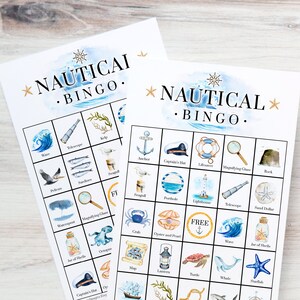Nautisches Bingo: DRUCKBARE 50 Karten, Bingo-pdf-Spiel, Partyspielideen, Seniorenspiel, Aktivitäten für Kinder, nautische Party-Ausdruckidee