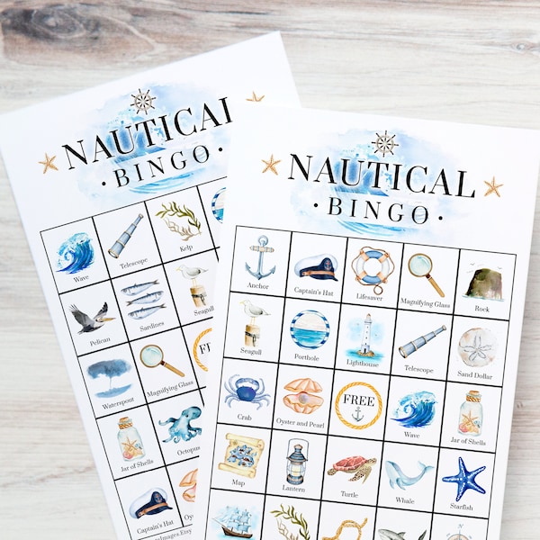 Nautical Bingo: PRINTABLE 50 cards, bingo pdf game, party game ideas, senior citizen game, kids activities, nautical party printables idea