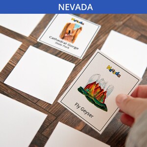 Jeu de mémoire Nevada - Activité PDF imprimable à télécharger. Jeu d'association. 36 cartes illustrées représentant des symboles et des aspects de l'État américain.