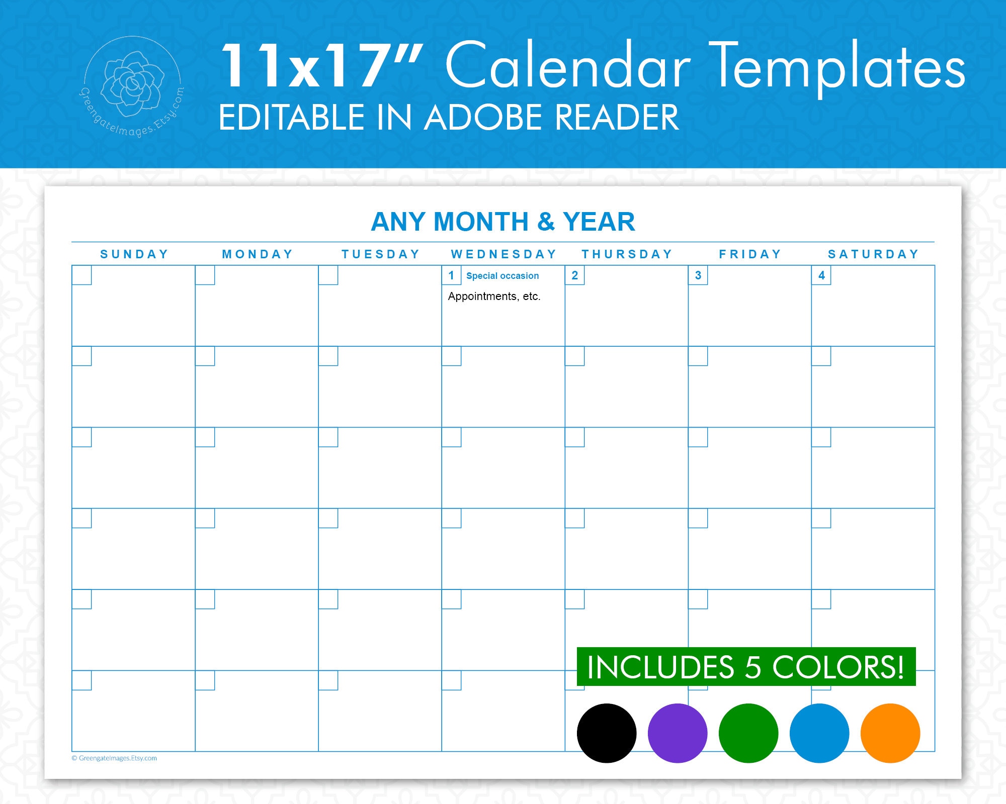 11x17 Editable Calendar Templates Landscape Calendars, Set of Different  Colors, A3 Tabloid Ledger Paper, Large Printable Wall Calendar - Etsy