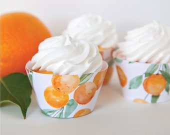 Oranges Cupcake Wrapper - oranges cake printable, printable pdf, bridal shower, baby shower, fruit party idea, watercolor oranges leaf 100js