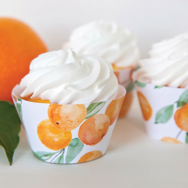 Oranges Cupcake Wrapper - oranges cake printable, printable pdf, bridal shower, baby shower, fruit party idea, watercolor oranges leaf 100js