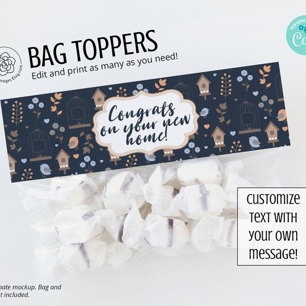 6.5" Anytime/Housewarming Bag Topper - PRINTABLE Favor Bag, Ziplock, Foldover Label, Sandwich Bag Label Snack Bag Corjl, thinking of you.