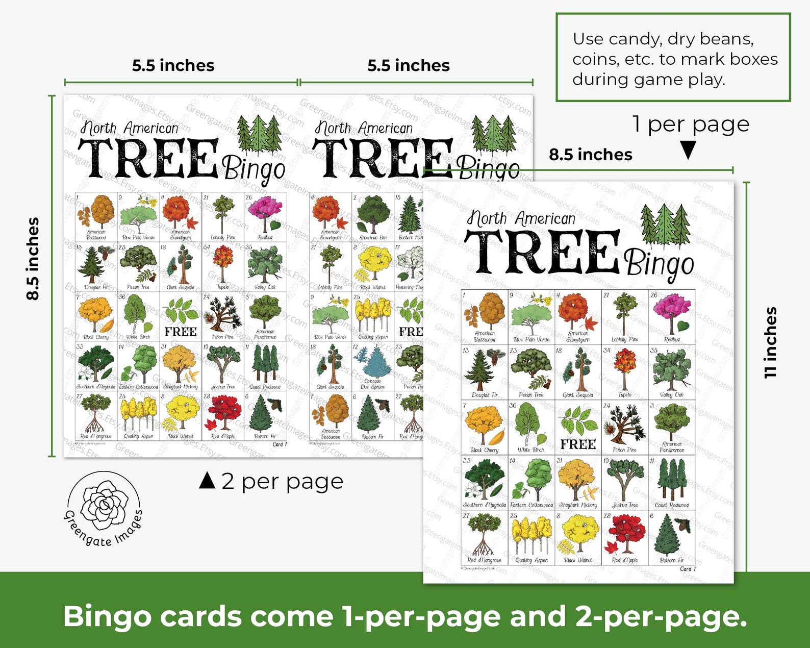 Tree Bingo - 50 PRINTABLE, Unique Bingo Cards. Instant Digital Download ...