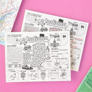 May include: Two black and white Indiana state activity sheets with a pink background. The sheets include a map, word search, maze, and illustrations of state symbols. The text includes "Indiana" and "19th December 1816".