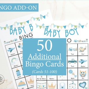ADICIONAL: 50 cartelas de bingo Baby Boy adicionais (numeradas de 51 a 100) para acompanhar o jogo original, vendidas separadamente
