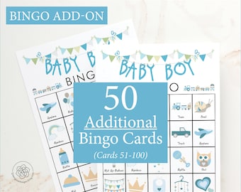 May include: 50 additional bingo cards for a baby shower. The cards are blue and white with a variety of baby-themed images, including airplanes, trains, and rattles. The text "Baby Boy" is at the top of the card.