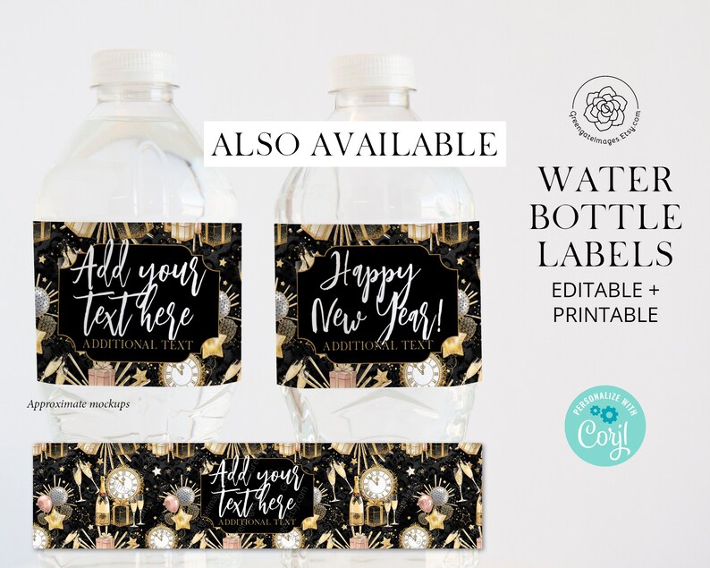 New Year's Water Bottle Label Printable Corjl Editable - Etsy