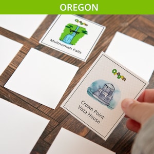 Jeu de mémoire de l'Oregon - Activité PDF imprimable à télécharger. Jeu d'association. 36 cartes illustrées représentant des symboles et des aspects de l'État américain.