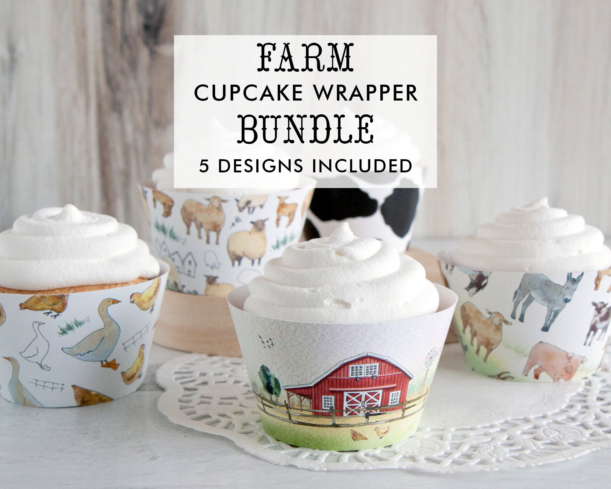 BUNDLE Farm Cupcake Wrappers PRINTABLE cupcake wraps pdf farm animals barnyard theme kid party 5 designs included sheep bird