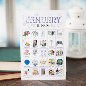 January Bingo - 50 PRINTABLE unique cards. Instant digital download PDF. Fun activity for winter babies, potlucks, seniors, and homeschool.