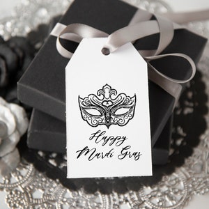 BLACK Masquerade Gift Tag Template - PRINTABLE Corjl editable favor hang tags. Mardi Gras, masquerade ball, sparkly Venetian mask, birthday.