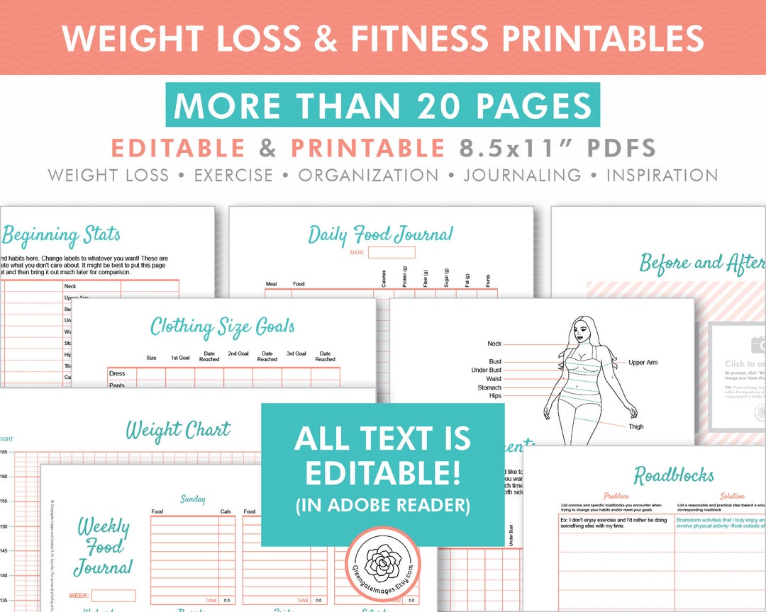 Weight Loss and Fitness Printables EDITABLE Pdfs 8.5x11 Etsy