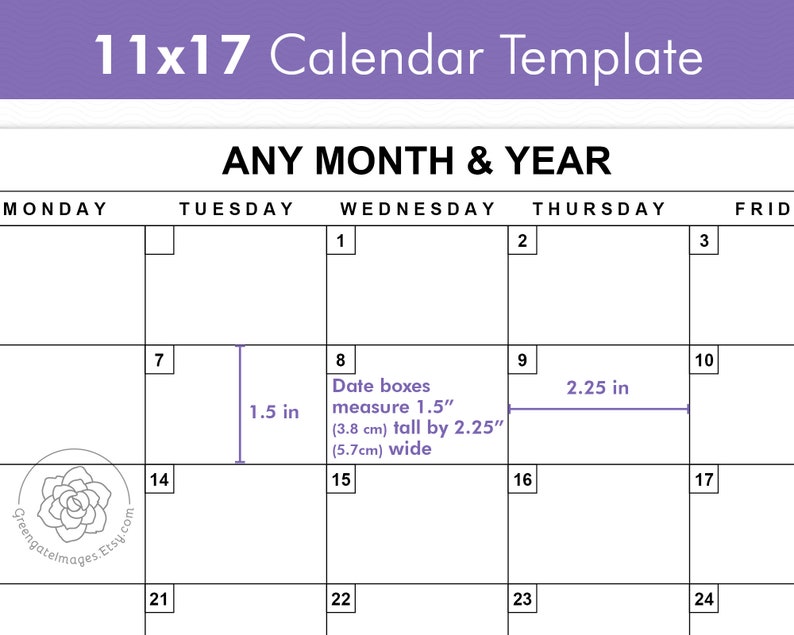 11x17 Calendar Template Editable Landscape Calendar Any Etsy