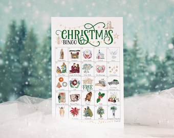 May include: A Christmas Bingo card with images of traditional Christmas symbols, such as a fireplace, a snow globe, a church, a dove, a wise man, a couple with a dog, silver bells, hot beverages, ornaments, cookies, gifts, a prayer, holly, caroling, poinsettia, shepherds, a wreath, and evergreen branches. The card is labeled "Christmas Bingo" and has a "FREE" space in the center.