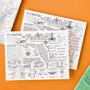 AFDRUKBARE Florida-activiteitenpagina - PDF-kindergames direct downloaden. Feiten over de staat Florida, woord zoeken, doolhof, ontcijferen kleurplacemat van 8,5 x 11 inch.