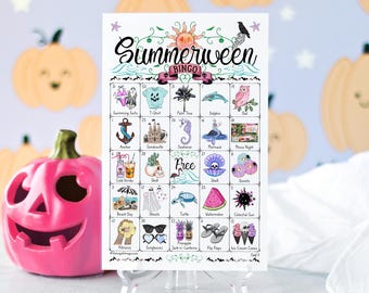Summerween Bingo - 50 PRINTABLE unique cards. Spooky beach-themed Halloween game. Tropical and warm-weather imagery. Instant download PDF.
