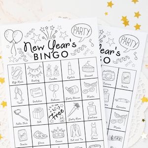 Neujahrs Bingo Karten: Schwarz und weiß druckbare Bingo, 50 Karten, Party Idee, Aktivität für Senioren, Kinder zum Ausmalen Neujahr
