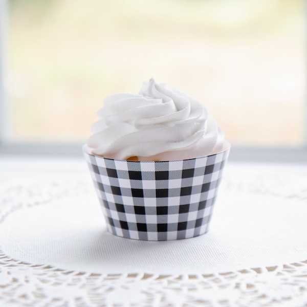 Buffalo Check Cupcake Wrappers - printable cupcake wrap, black and white gingham pattern, black white plaid, black white party idea, flannel