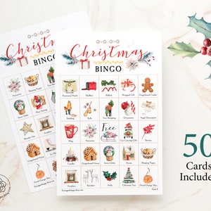 Cozy Christmas Bingo Cards: Printable bingo, 50 cards, senior citizen activity, children game, fun activity, bingo w labeled color pictures