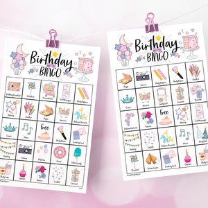 Verjaardagsbingokaarten: afdrukbare bingokaarten, 50 kaarten, verjaardagsspel voor meisjes, volwassen vrouwen, leuk feestidee, kleurenfoto's met labels
