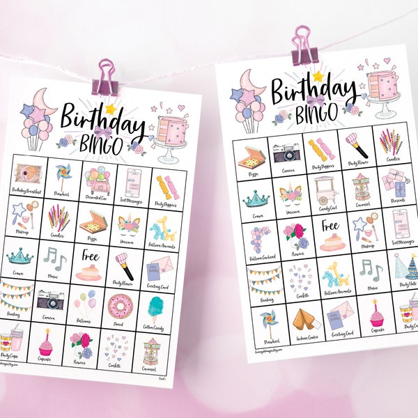 Birthday Bingo Cards: Printable bingo cards, 50 cards, girls birthday game, adult women, fun party idea, full color pictures with labels