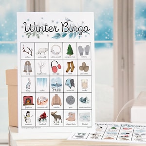 Winter (I) Bingo Cards: Printable bingo, 50 cards, senior citizen activity, kids game, birthday idea, bingo with pictures, snow day bingo