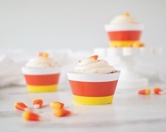 Candy Corn Cupcake Wrapper - printable cupcake wrapper, halloween party decor, fall decorations, kids halloween, orange yellow white stripes