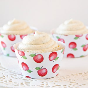 Apple Cupcake Wrapper - afdrukbare cupcake, afdrukbare pdf, herfstfeest, 1e verjaardag, fruitfeestidee, aquarel rode heerlijke appels 102js