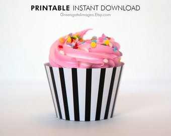 Black and White Striped Cupcake Wrapper - Printable Instant Download
