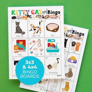 Op de afbeelding: Twee printbare bingokaarten met een katten thema. De kaarten bevatten afbeeldingen van katten, katten speelgoed, voedsel en andere kat gerelateerde items. De kaarten zijn gelabeld "3x3 & 4x4 Bingo Boards".