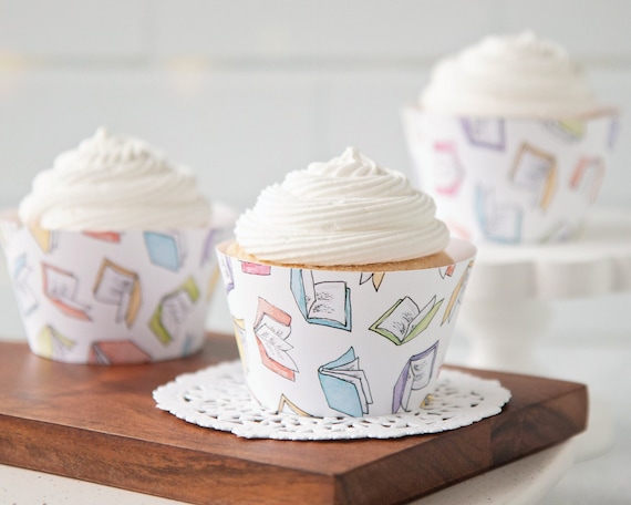 Flying Books Cupcake Wrapper - PRINTABLE wrap pdf, pastel watercolor library cupcakes, school ideas, book club reading group party 101js