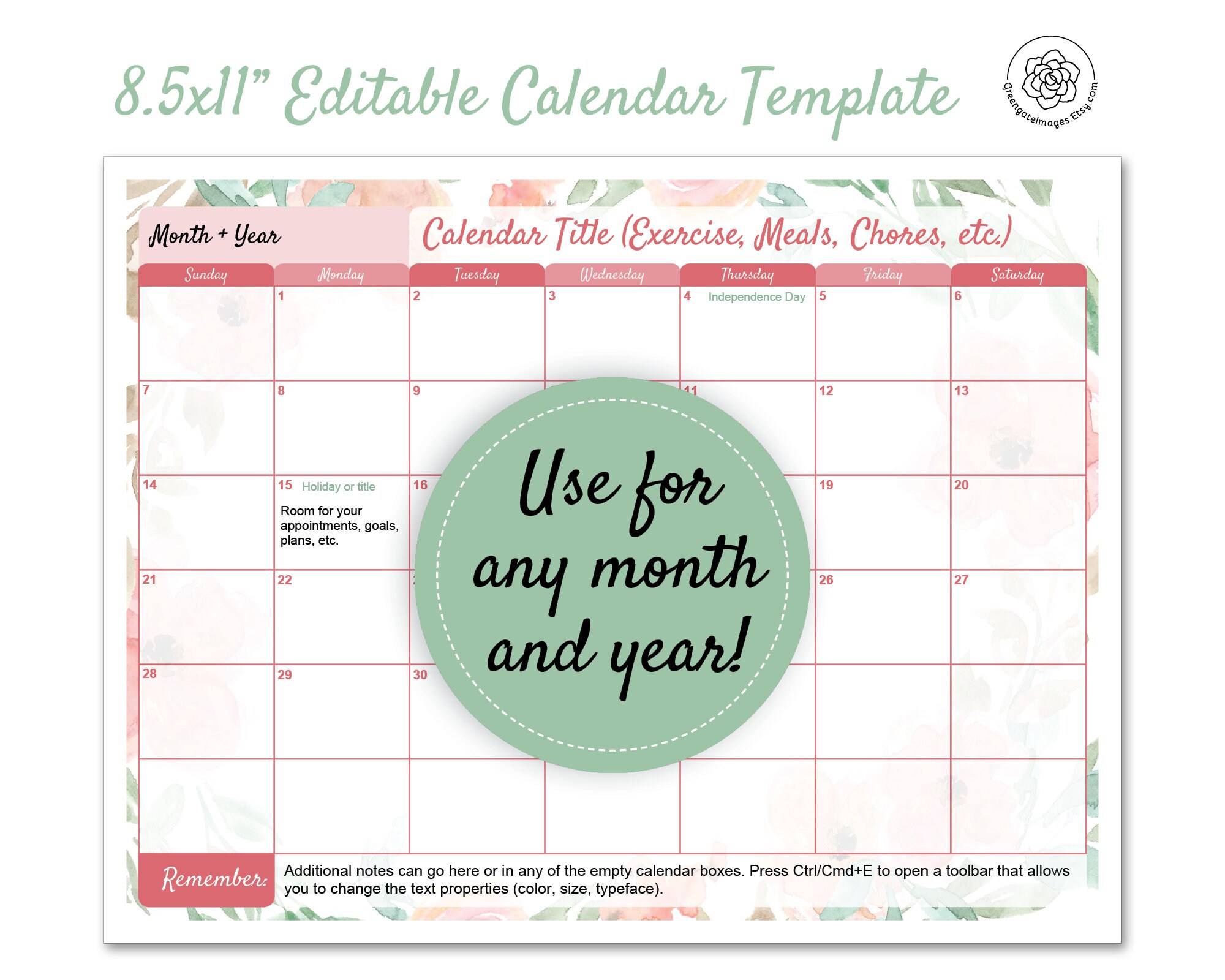 editable calendar template landscape 8 5x11 calendar etsy