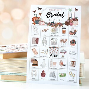 Fall/Autumn Bridal Shower Bingo Cards - 50 PRINTABLE unique cards PDF. Personalize header & title text using Adobe Reader. Pumpkins leaves.