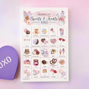 Tarjetas de bingo de postres de San Valentín: tarjetas de bingo imprimibles, 50 tarjetas, actividades para personas mayores, juego para niños, imágenes a color etiquetadas, idea familiar