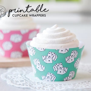 Game Dice Cupcake Wrapper Duo PRINTABLE instant download PDF. Pink mint green with black & white dice. Bunco night dessert for game fans. image 5