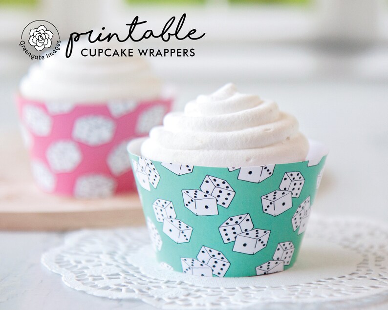 Game Dice Cupcake Wrapper Duo PRINTABLE instant download PDF. Pink mint green with black & white dice. Bunco night dessert for game fans. image 5