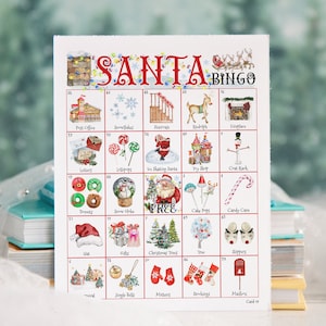 Kerstbingo - 50 AFDRUKBARE unieke kaarten. Directe digitale download pdf. Kerstavondspel voor kinderen met de kerstman en de Noordpool.