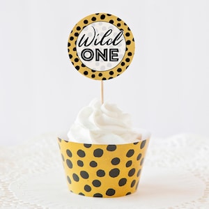 Cheetah Print Cupcake Wrappers + Toppers - PRINTABLE wrappers, cheetah cupcake toppers, corjl editable, wild one two wild birthday party
