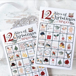 Tarjetas de bingo de los 12 días de Navidad: 50 tarjetas exclusivas para imprimir, actividad para personas mayores, juego para niños de todas las edades, lindas imágenes en color etiquetadas