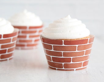 Brick Cupcake Wrappers - PRINTABLE instant digital download. Faux red brick design. Watercolor pattern. Cute for housewarming, old building.