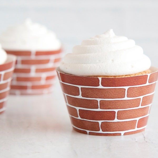 Brick Cupcake Wrappers - PRINTABLE instant digital download. Faux red brick design. Watercolor pattern. Cute for housewarming, old building.