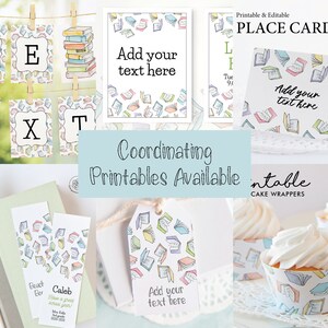 May include: Printable book-themed party decorations with a white background and colorful illustrations of open books. The set includes place cards, cake wrappers, and banner letters that spell out the word "TEXT".