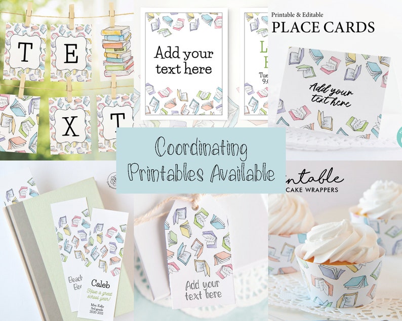May include: Printable book-themed party decorations with a white background and colorful illustrations of open books. The set includes place cards, cake wrappers, and banner letters that spell out the word "TEXT".