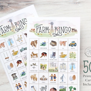 Farm Bingo: 50 tarjetas de bingo imprimibles. Ideal para fiestas con temática de granja, niños que estudian en casa, centros para personas mayores y adultos con discapacidades de aprendizaje.