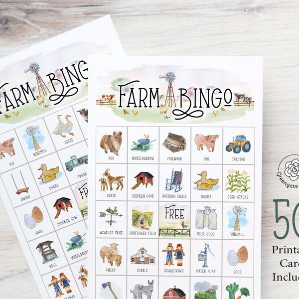 Farm Bingo: 50 printable bingo cards - Great for farm-themed parties, homeschooling kids, senior centers, adults with learning disabilities.