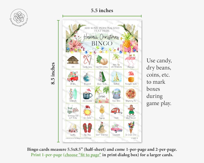 Pu&ograve; includere: Una scheda di bingo stampabile con un tema natalizio hawaiano. La scheda presenta una variet&agrave; di immagini, tra cui una tavola da surf, un ananas, un pupazzo di neve e un uomo di pan di zenzero. Il testo sulla scheda recita "Hawaii Christmas Bingo".