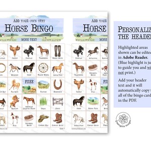 Horse Bingo: 50 Printable Bingo Cards - Cowgirl Party, Cowboy, Country ...