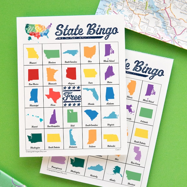US State Bingo Set - Printable bingo game, 50 cards, senior citizen activities, kids game idea, educational homeschooling, usa state maps